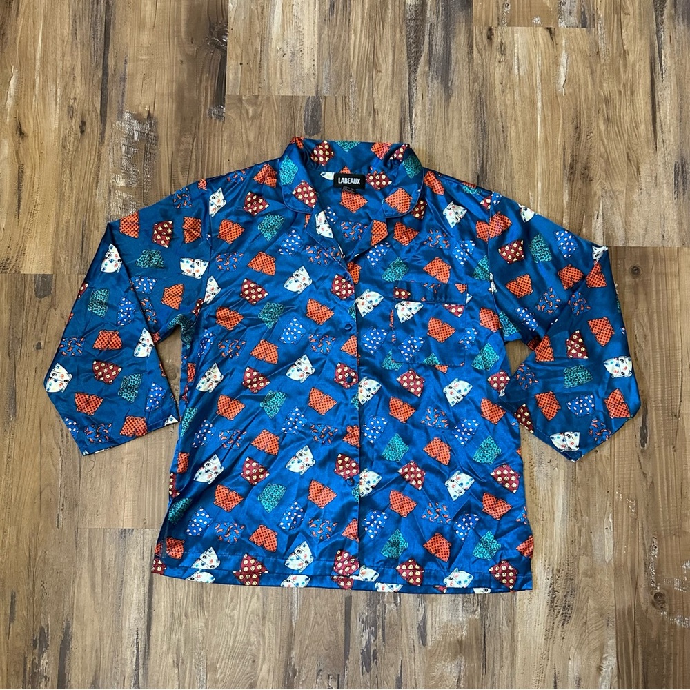 VTG 80s 90s Satin Blue Boxers All Over Print Sleep Shirt